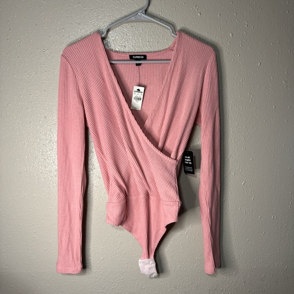 Express Pink Ribbed Wrap Bodysuit - Picture 1 of 4